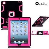 MagicSky Rugged Hybrid Dual Layer Full Body Protective Case with Kickstand for iPad 2, iPad 3 and iPad 4, Hot Pink / Black