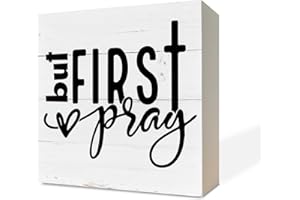 RAZPAH Christian Wood Signs, But First Pray, Box Sign Decor Tabletop, Rustic Wood Block Plaque, Decorative Table Sign, Christian Home Decor, Farmhouse Decoration for Shelf, Rustic Christian Décor