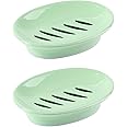 WYOK 2-Pack Soap Dish with Drain Soap Holder Easy Cleaning Soap Saver Dry Stop Mushy Soap Tray for Shower Bathroom Kitchen(Green)