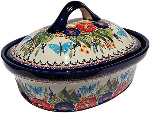 Polish Pottery Oval Casserole Dish From Zaklady Ceramiczne Boleslawiec #1158-149 Art Unikat Signature Pattern, Height: 7.6" Width: 10" Length: 12.5"