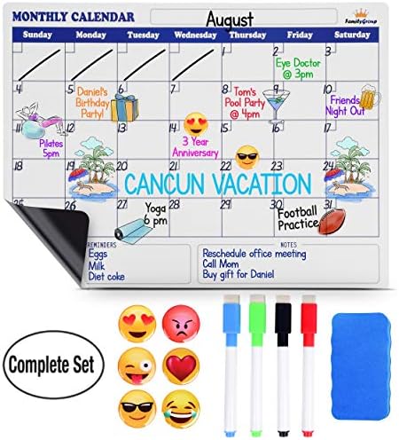 Magnetic Dry Erase Calendar for Fridge - Large Monthly Refrigerator Calendar Whiteboard. 6 Emoji Magnets, 4 Color Markers, Eraser. Kids Organizer List for Kitchen Refrigerator 16x12 inches White