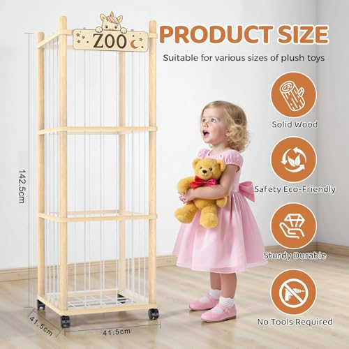 Stuffed Animal Storage Zoo Tower, 142.5cm Wooden Large Stuffed Animal Holder Organizer with Wheels, Stuffy Plushies Storage with Elastic Band&Mesh Bottom, Toy Storage Organizers for Playroom Bedroom