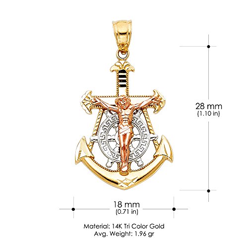 14K Tri Color Gold Jesus Crucifix Anchor Pendant with 2.3mm Figaro 3+1 Chain Chain Necklace - 20" - Thumbnail 4