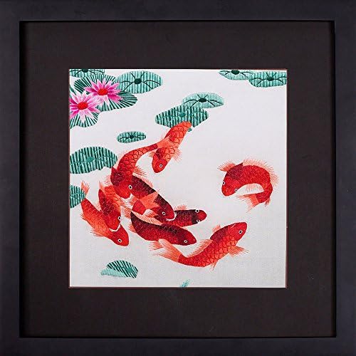 SILK ART Pure Handmade Embroidery Contemporary Artwork Hanging Wall Decoration Painting Art Decor Fashion Picture Gallery Personality Space Red koi with pink lotus framed SY001A