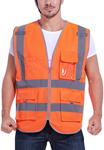 Reflective Vest Heavy Woven Two Tone Engineer Hi Viz Green Safety Vest Highly Breathable Mesh Vest Meets (Orange Red,Tag L=US 2XL)