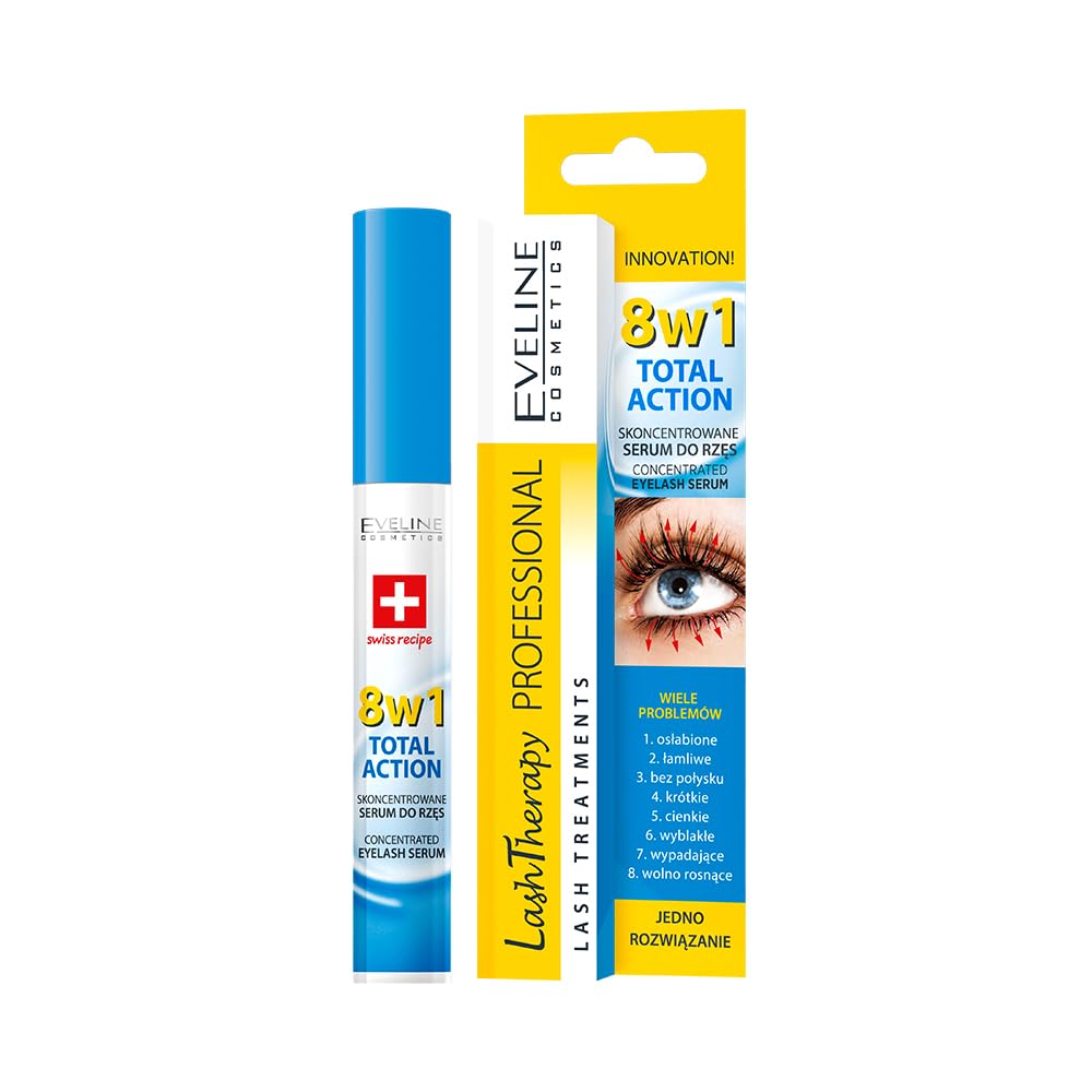 Eveline Cosmetics Lash Therapy Professional Total Action 8-in-1 Concentrated Eyelash Serum with Argan Oil, D-Panthenol & Hyaluronic Acid - Nourishing & Strengthening Formula for Thicker, Fuller Lashes