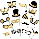 Gold Photo Booth Props - Fully Assembled, No DIY Required - Mix of Hats, Lips, Mustaches, Crowns and More (16 pcs) - Durable and Vibrant - Perfect for Birthday Parties, Weddings and More