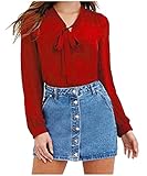 Abetteric Women's Long Sleeve V Neck Office Blouse Chiffon T-Shirt Red XLarge