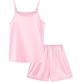 Weixinbuy Girls Pajamas Silk PJS Set Sleeveless Pajama Tank Elastic Waist Shorts Sleepwear Kids Summer Nightwear Clothes Set