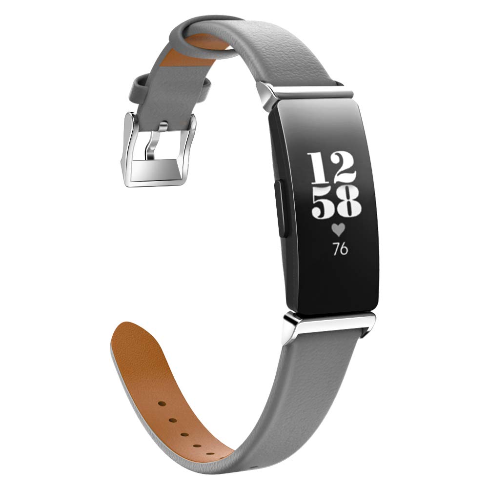 MoKo Leather Strap Compatible with Fitbit Inspire 2/HR/Inspire, Premium Leather Replacement Watch Band with Connector for Women Men, Gray