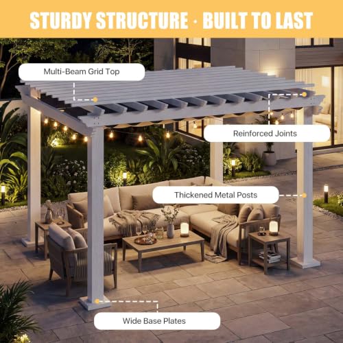 12 Ft. W x 10 Ft. D Patio Pergola with Retractable Canopy, White Powder-Coated Metal Frame, Gray UPF50+ Waterproof Shade Cover, Grape Trellis Top image 14