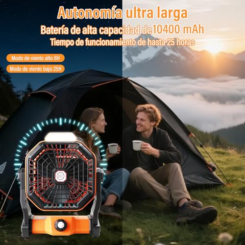 KIROGILY Ventilador Portatil, Abanico Portatil 10400 mAh, Ventilador Recargable con Luz LED y Gancho, Ventilador Camping 3 Niveles de Brillo, Ventilador de Escritorio para Camping, Viajes, Hogar