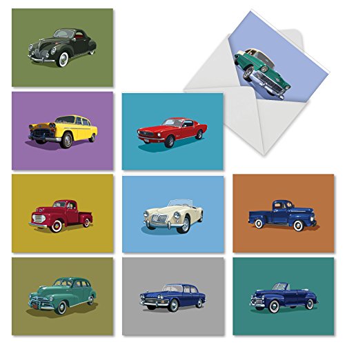 The Best Card Company - 10 Blank Notes Boxed Set (4 x 5.12 Inch) - All Occasion Thnk You Cars Notecards, Just because, Miss You Friendship Bulk Pack for Him, Men - Vintage Vehicles M4182OCB-B1x10-NB