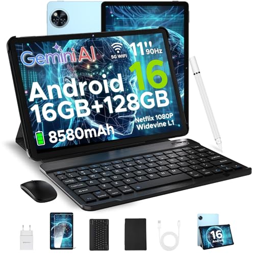 POPUX U11 Android 16 Tablet 11 Pulgadas con Teclado, 16GB+128GB/2TB Tableta con Lápiz, 8580mAh Gemini AI Tablet para Niños Octa Core, Widevine L1/13MP+5MP/5G WiFi/GMS/Face ID Tablets Grande con Ratón