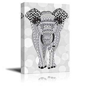 Gray Hand-Drawn Zentangle Elephant on a Silver Colored Bokeh Background - Canvas Art Home Art - 12x18 inches