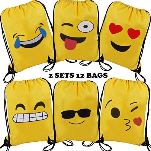 Emoji Drawstring Shoulder Backpack Bag Bulk for Girl &amp; Boy, Kiddie Treats Such as Toy Gift Sack, Kids' Carry Cinch Bag, Promotional Durable Daypack, Carton Emoticon Bday Party Supplies Favor, 12 Pack