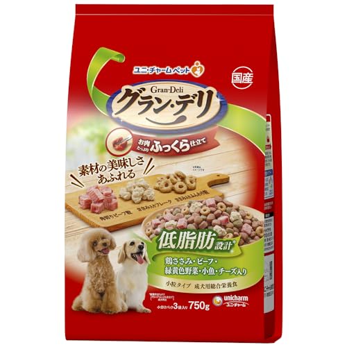 ユニチャーム グラン・デリ ドッグフード ソフト ふっくら仕立て 低脂肪 鶏ささみビーフ緑黄色野菜小魚チーズ角切りビーフ粒入りの商品画像