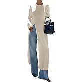 GCZREN Women Trendy Split Hem Crew Neck Maxi Knit Sweater Casual Loose High Slit Long Sleeve Long Dress Shirt Streetwear