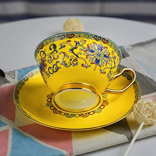 Tea Coffee Cup and Saucers Set Fine Bone Porcelain 6.8oz Hand-made Yellow Glaze Embossed Tea Cup with Matching Saucer