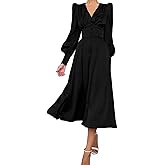 xxxiticat Women's Puff Sleeve Satin Maxi Dress Long Lantern Sleeve Button Down Ruffle Single Breasted Vintage Midi Dresses