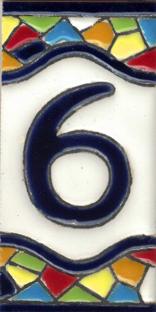 TORO DEL ORO House Numbers. Numbers and Letters on Tile. Glazed Ceramic, Hand Painted Dry Rope Technique. Names and Addresses. Mosaic Design Medium 5.5x10.5 cm (Number Six "6")