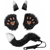 Kayzyue Cat Ears Tail Set Faux Fur Fox Wolf Ear Headband Paw Gloves Set Costume Accessories for Halloween Masquerade Carnival