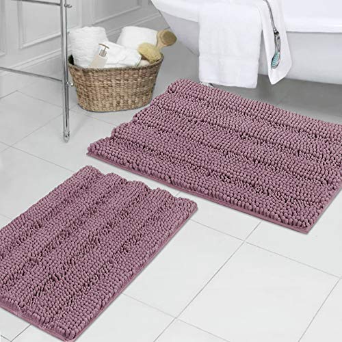 Mauve Luxury Chenille Bathroom Rug Mats Extra Thick Soft Striped Plush