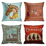 Emvency Set of 4 Throw Pillow Covers Retro Vintage Horse Western Cowboy Cow Girl Pet Cute Rodeo Decorative Pillow Cases Home Decor Square 18x18 Inches Pillowcases