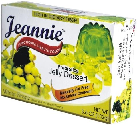 Jeannie Prebiotics 100% No Animal Content Gelatin-free Dessert [High Fiber &amp; Vitamin C], White Grape, 3.6oz Boxes (Pack of 12)