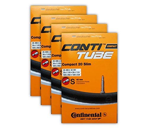 Continental Compact 20 Slim 20 x1 1/8 - 1 1/4 Bicycle Inner Tubes - 42mm Long Presta Valve - 4 PACK