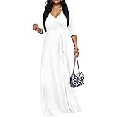 Maxi Dresses for Women Casual 3/4 Sleeve Wrap V Neck Semi Formal Elegant Long Church Dress with Belt