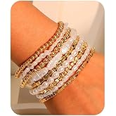 7PCS Layered Beaded Bracelets Set for Women Trendy Stretch Elastic Round Ball Beads Bangles Boho Chunky Gold Stackable Bracelets Dainty Jewelry for Gifts