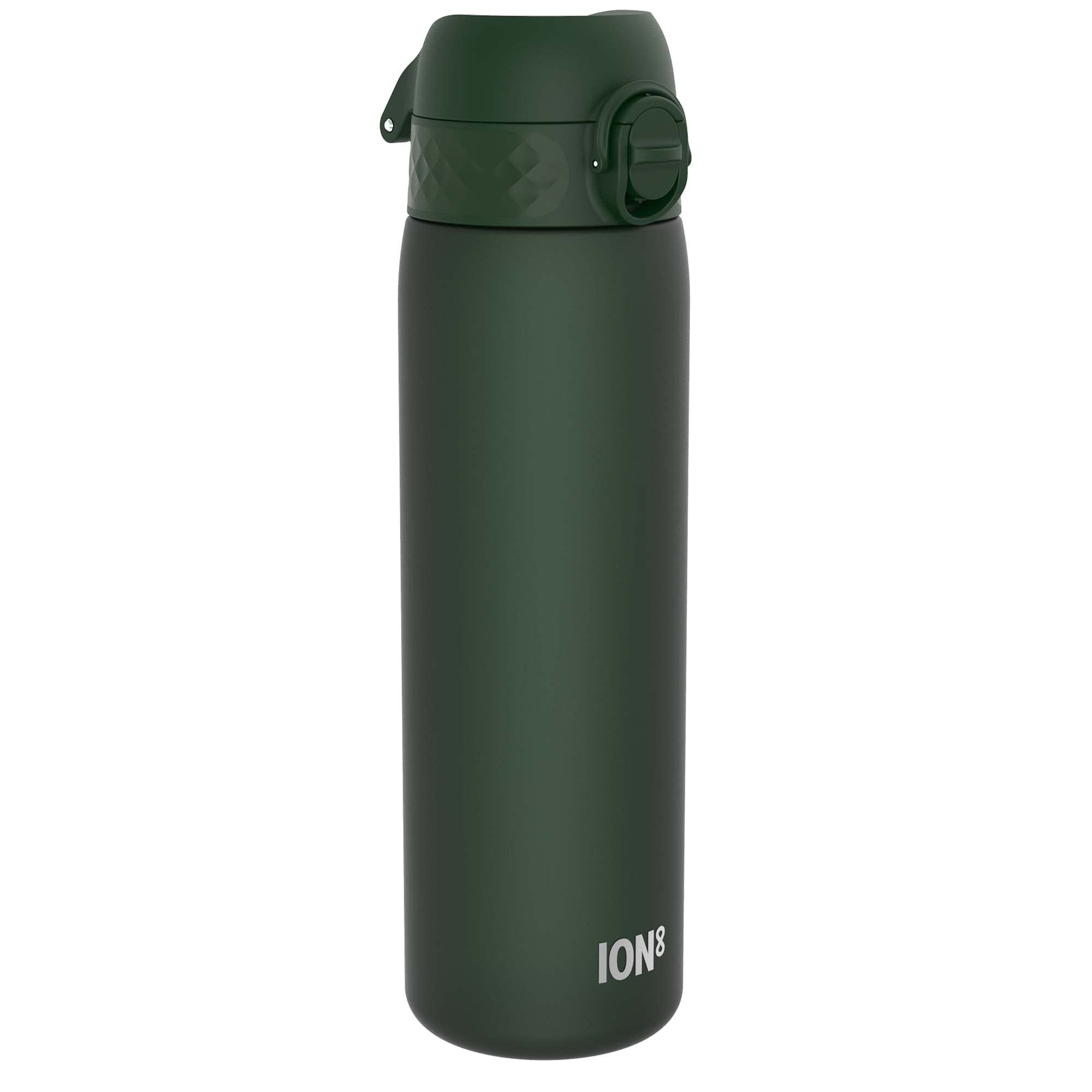 Ion8 Water Bottle, 500 ml/18 oz, Leak Proof, Easy to Open, Secure Lock, Dishwasher Safe, BPA Free, Hygienic Flip Cover, Carry Handle, Fits Cup Holders, Easy Clean, Carbon Neutral, Dark Green