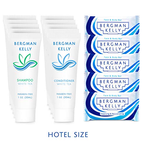 BERGMAN KELLY Rectangular Soap Bars, Shampoo & Conditioner 3-Piece Set (1 oz each, 150 pc, White Tea), Delight Your Guests with Revitalizing & Refreshing Bulk Travel Toiletries & Hotel Amenities