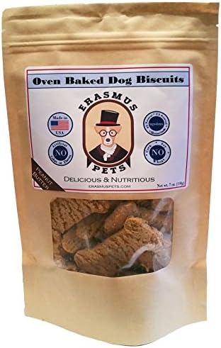 Peanut Butter Oven Baked Dog Biscuits by Erasmus Pets โ Natural and Healthy Dog Treats - No Artificial Preservatives โ Made In The USA โ Eco Friendly Packaging - 7oz Bag