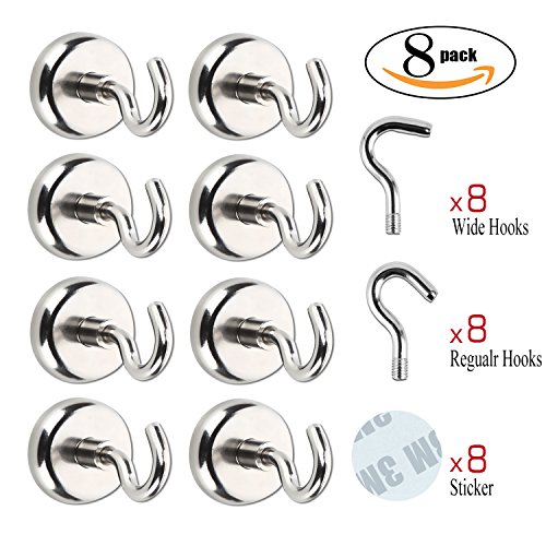 Netany 25LB Heavy Duty Magnetic Hooks With Stickers, Strong Powerful Neodymium Indoor/Outdoor Magnet Hooks - 8 Pack & 16 Hooks