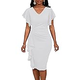 Bdwinz Summer Church Dress for Women V Neck Ruffle Short Sleeve Bodycon Work Midi Dresses