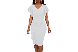 Bdwinz Summer Church Dress for Women V Neck Ruffle Short Sleeve Bodycon Work Midi Dresses
