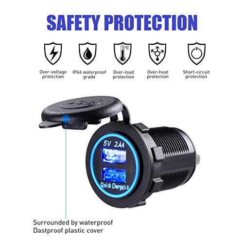 YonHan Quick Charge 3.0 Dual USB Fast Charger Socket, Waterproof Power Outlet QC 3.0 & 2.4A with LED Indicator & Wire Fuse DIY Kit for 12/24V Marine Boat Motorcycle ATV Bus Truck Golf Cart and More - Thumbnail 5