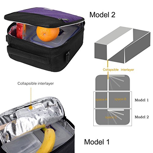 Lunch Box with Firm Foil-BPA FREE,Original Amersun Reusable Insulated Lunch Bag Tote School Cooler Picnic Holder with Shoulder Strap for Kids Boys Men Women Girls,Spill-resistant (Oxford,Black Purple) - Thumbnail 4