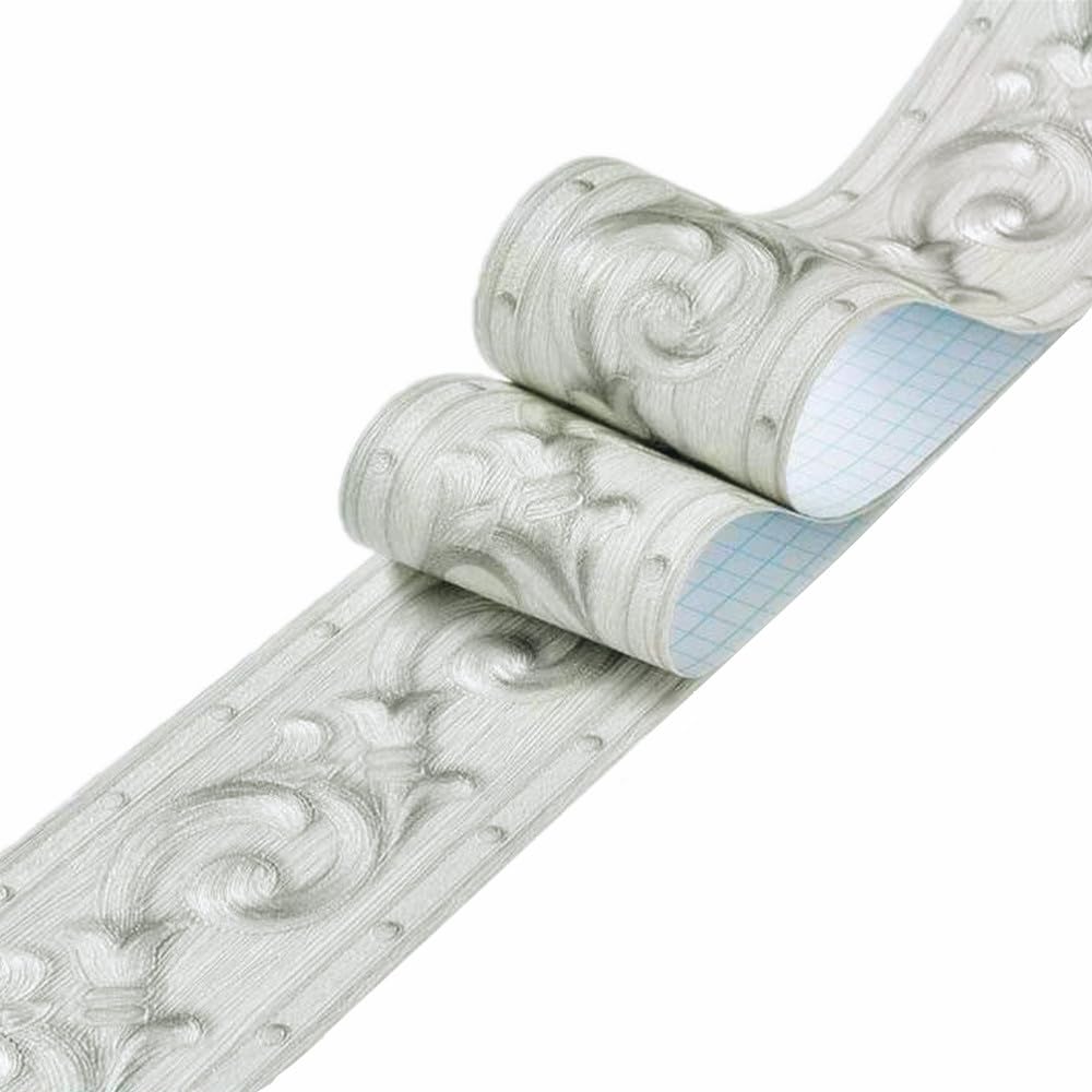 DHHOUSE 3D Silver Grey Wallpaper Border， Peel and Stick Embossed Wall Border for Ceiling Bathroom Living Room 10cm by 5meter (Silver Grey)