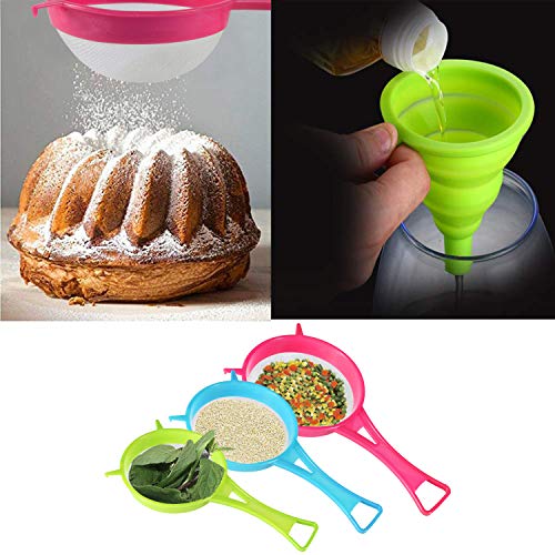 Fine Mesh Strainer Colander, Benbo 4Pcs Plastic Food Soy Milk Flour Sieve Long Handle Icing Sugar Sifters Strainer Tea Filter and Silicone Foldable Funnel for Kitchen