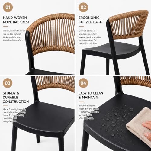 MARCOLO Chair Without Arms, Outdoor Plastic Dining Chair, Weather & UV Resistant Patio Chair for Balcony, Garden, Kitchen & Indoor Outdoor Use, Modern Rope-Style Design, 41x53.5x82cm (Black)