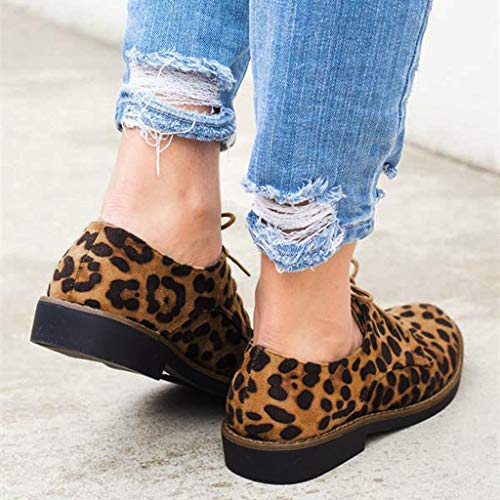 Hunzed Women【Suede Leopard Lace-Up Shoes】Women Oxford Flats Closed Round Toe Slip On Low Heel Platform (6 M US, Brown) - Thumbnail 7