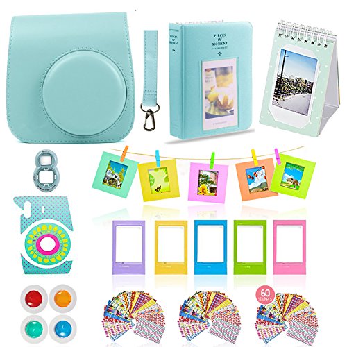 Fujifilm Instax Mini 9 Camera Accessories Bundle, ICE Blue 11 PC Fuji Kit Includes: Mini Case + Strap, 2 Albums, 4 Color Filters, Selfie Lens, Hanging + Creative Frames, Stickers, Gift Set