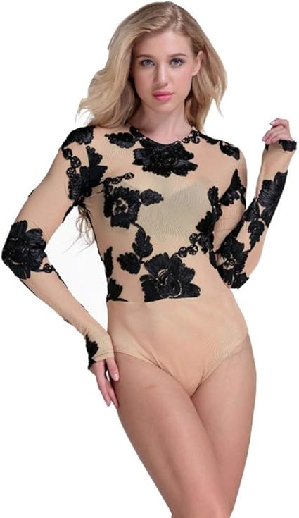 Jjhr Bodysuit Sommerfest Bodycon Jumpsuit Spitze Stickerei Body Frauen 3d Blume Combinaison Femme Langarm Mesh Body M Amazon De Sport Freizeit