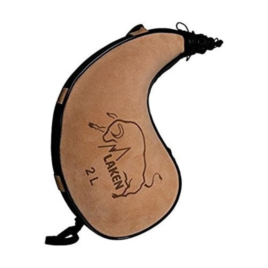 LAKEN - Spanish Leather Wine Bota Water Canteen Kidney Shape, Brown and Black - 2 Liter