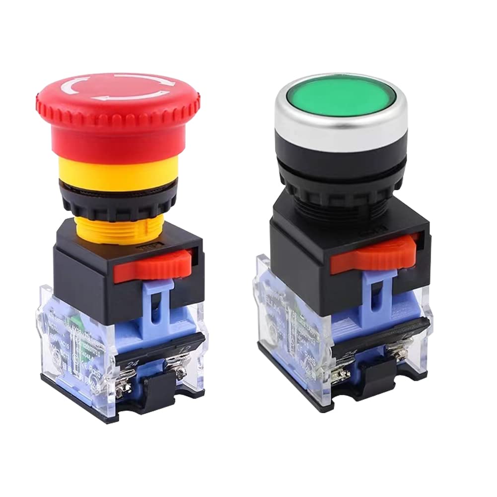 Photo 1 of 22mm Emergency Stop Button and Green Momentary Push Button Combo, Mushroom Head E-Stop Switch for Industrial Automation & Control Panels