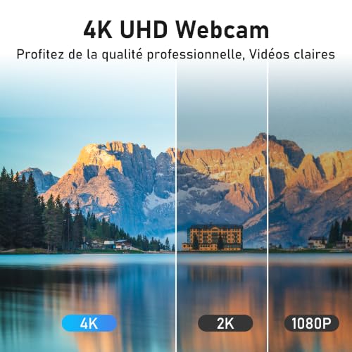 VIZOLINK W4DS PRO Webcam 4K Pour PC, 30FPS UHD, Autofocus Réduction de Bruit Plug Play Couvercle de Confidentialité Compatible Zoom/Teams/Switch2/PC/Mac/Linux Pour Visioconférence, Streaming et Gaming
