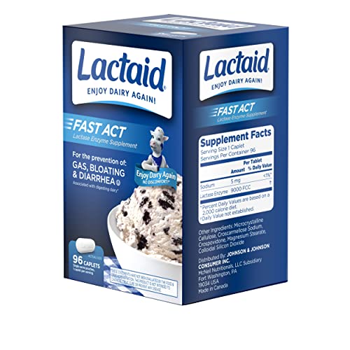 LACTAID FAST ACT LACTOSE INTOLERANCE CAPLETS WITH LACTASE ENZYME, DAIRY RELIEF FROM GAS, BLOATING & DIARRHEA, 9000 FCC LACTOSE INTOLERANCE PILLS, 96 INDIVIDUAL TRAVEL ON-THE-GO PACKS (96 X 1 CT)
